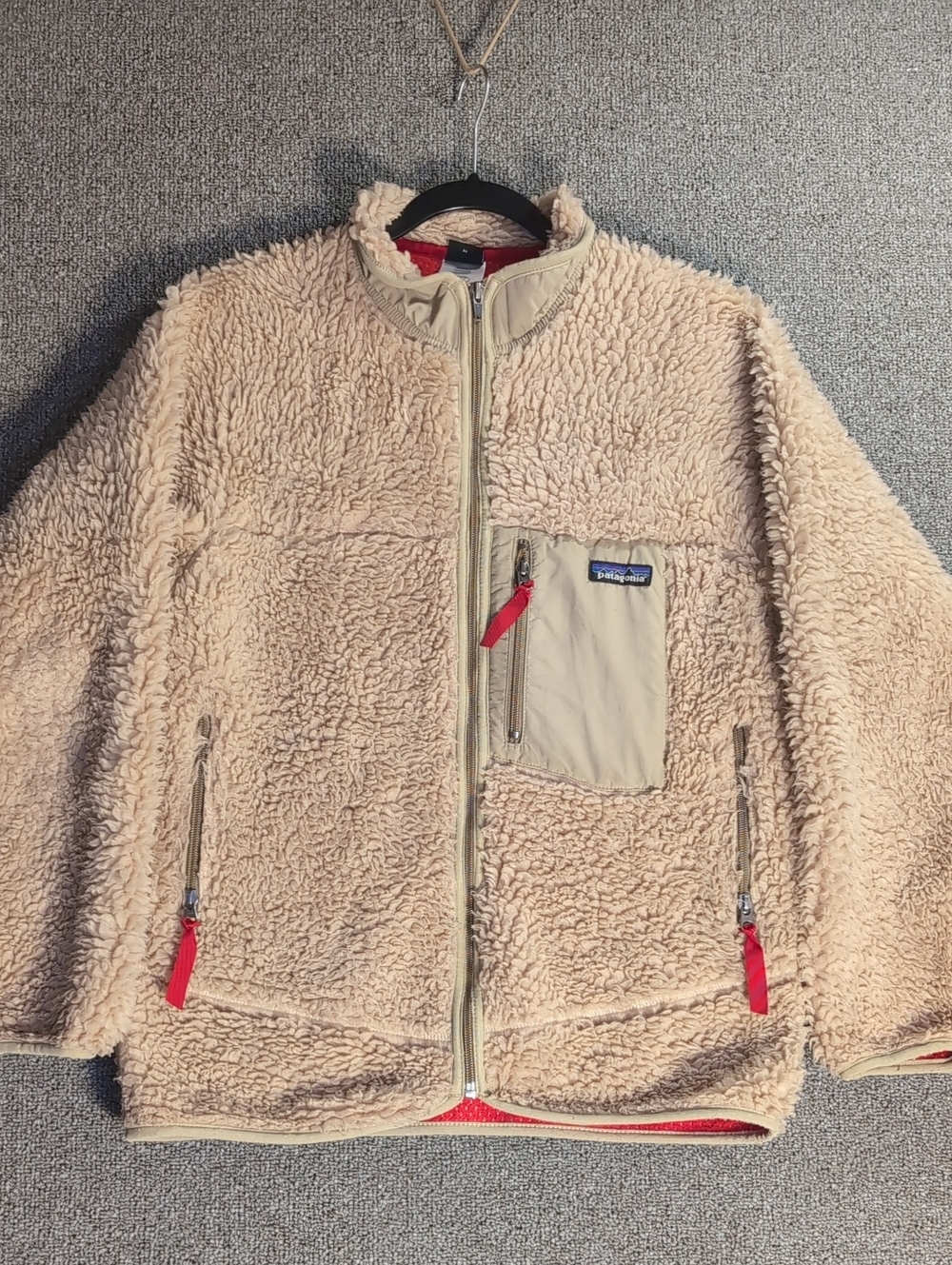 Patagonia Retro-X Deep Pile Sherpa Fleece Jacket In Oatmeal/Red Size 14/XL